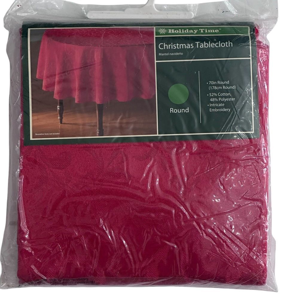 Holiday Time Red Fabric‎ Tablecloth Round 70" Christmas Cotton Poly New Vintage